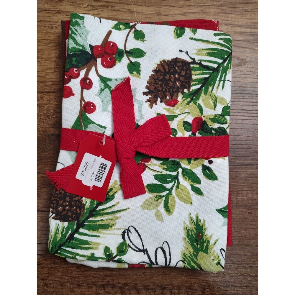 TAG Christmas Stripe Dishtowel Set of 2, 18x26 New Made in India Pinecones A19